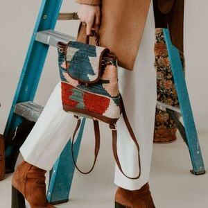 Tapestry Woven Leather Backpack Colorblock hipster retro outdoors gorpcore 70s